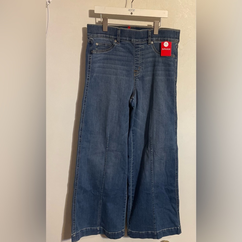 Spanx Seamed Front Wide Leg Jeans size large petite Vintage Indigo NWT